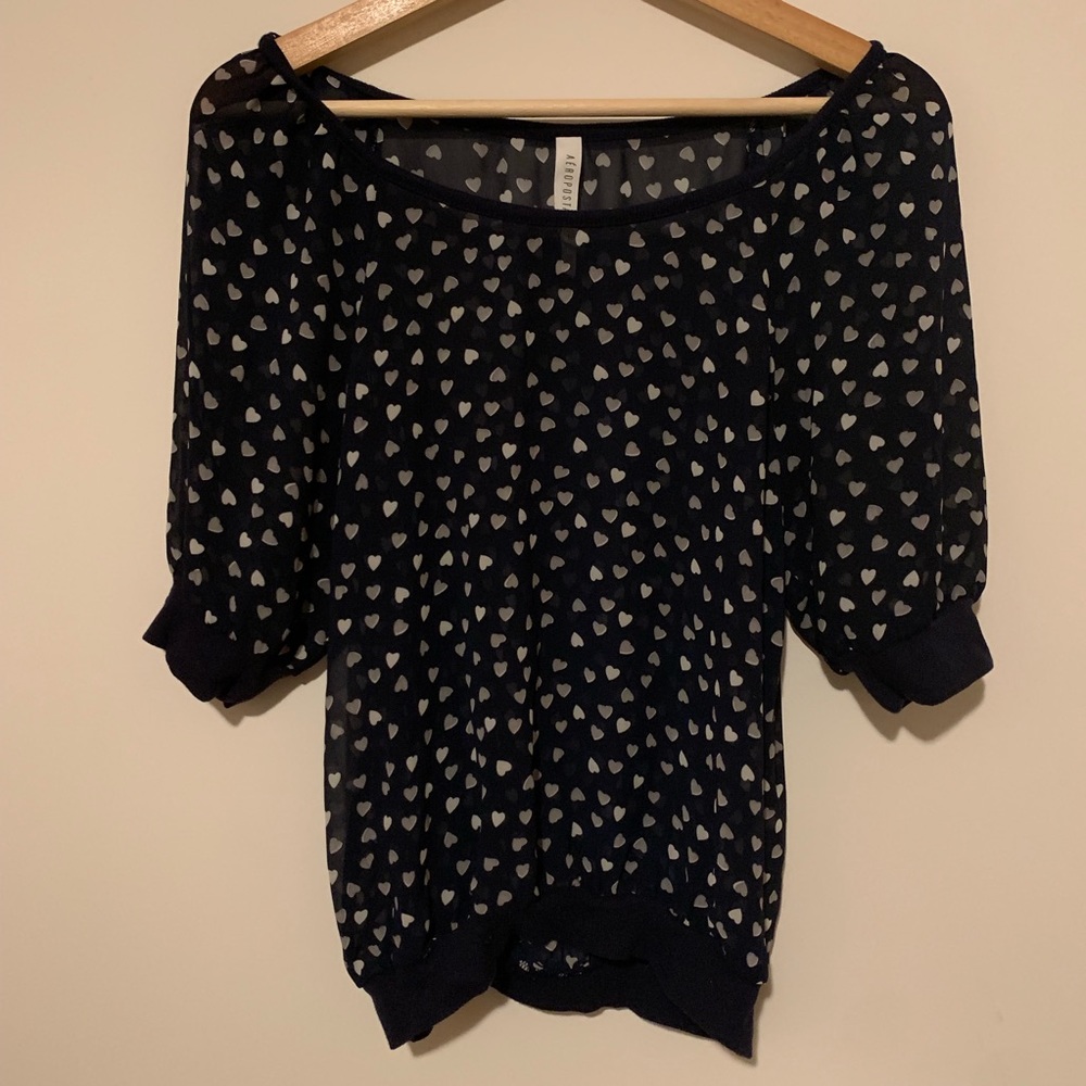 NWOT Cute Sheer Navy Blouse w/ Polkadot Hearts